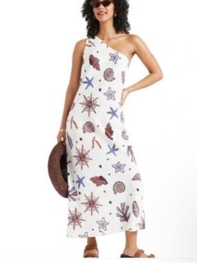 NWT C&C California white Linen Blend Seashell Print Maxi Dress Size L
